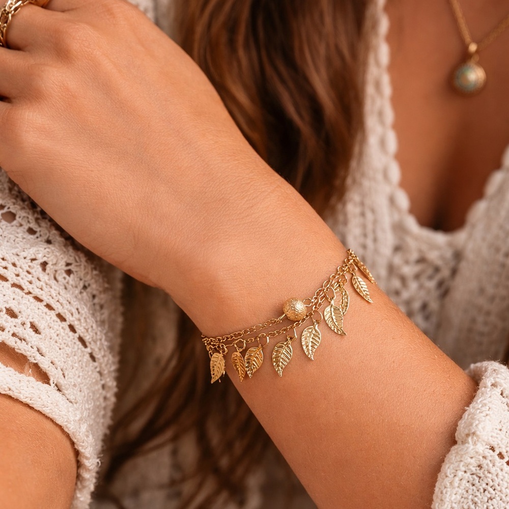 Brand New!! Double chain bracelet, anklet with leaf charms and disco ball
